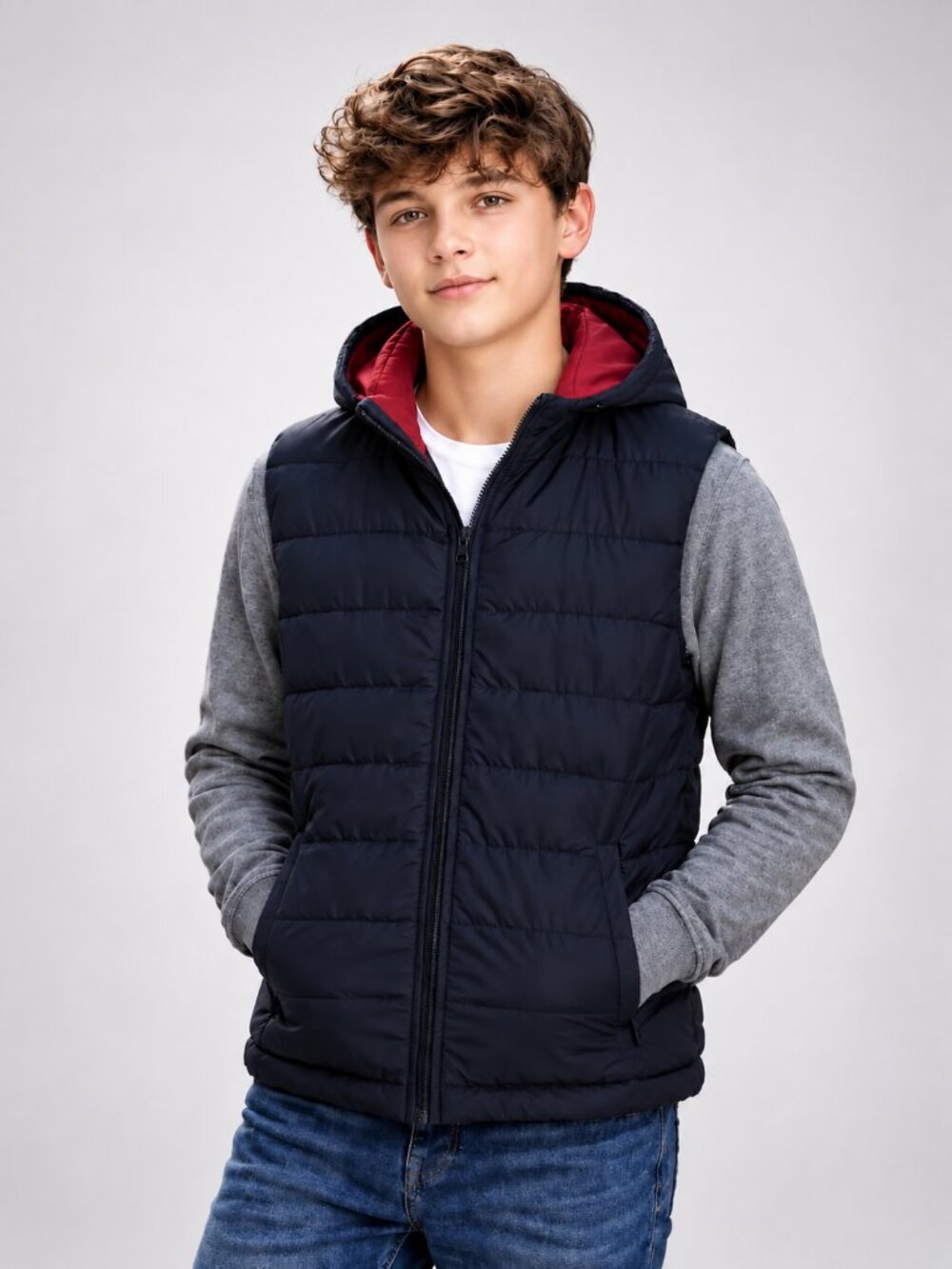 DIP Hooded Puffer Vest Youth XL Navy Blue Red Lining Full Zip Lightweight